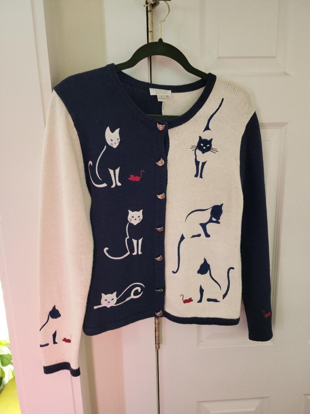 Christopher & Banks Vintage 90s Hand Knit Cat Cardigan Sweater Navy White S